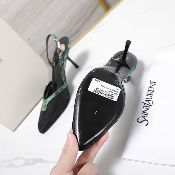 YSL Folie Slingback Pumps 6.5cm Black Mesh Green Leather 961602
