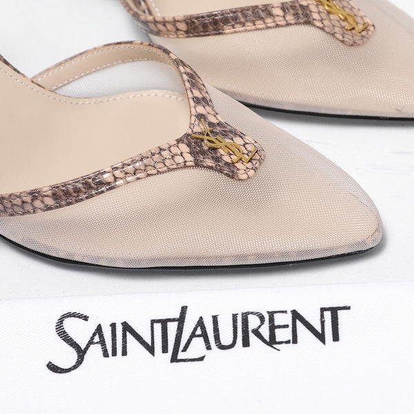 YSL Folie Slingback Pumps 6.5cm Beige Mesh Black Leather 961600
