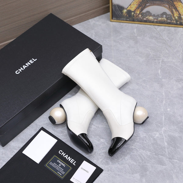 CC 26s Mid-Calf Boots Pearl Ball Heel 6.5CM White Calfskin 961582