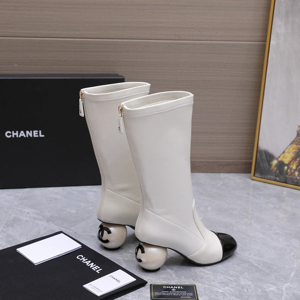 CC 26s Mid-Calf Boots Pearl Ball Heel 6.5CM White Calfskin 961582