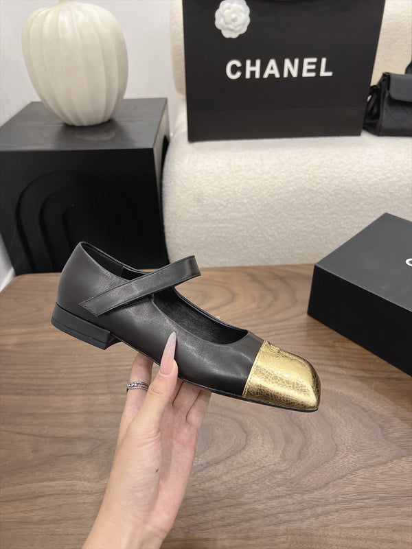 CC Square-Toe Mary Jane Flats Black Gold Lambskin 961513