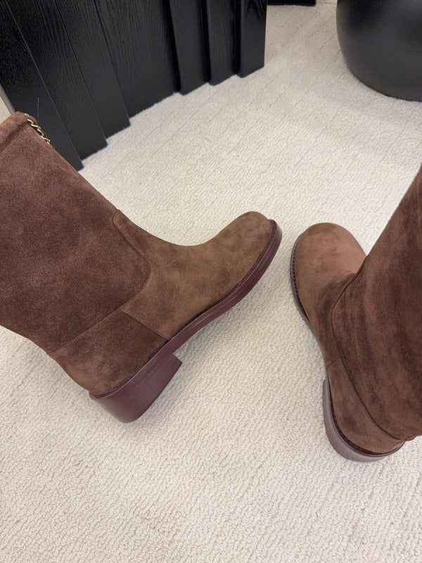 CC Mid-Calf Boots 4CM Gold Chain Charm Brown Knit Suede 961503