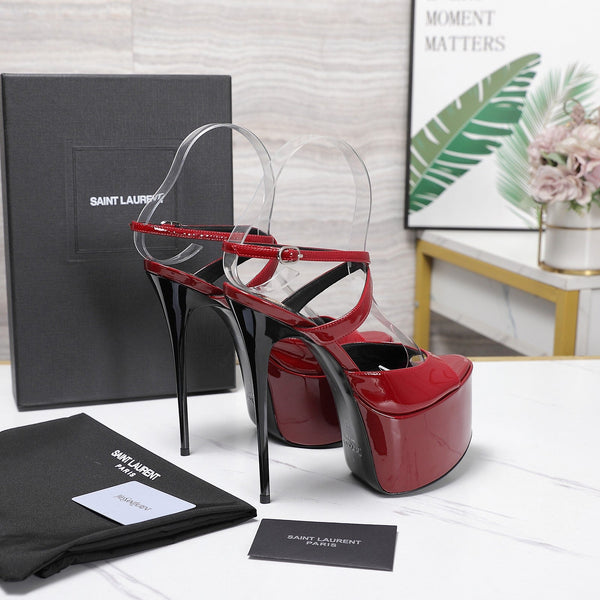 YSL Kika Platform Sandals Stiletto Heel Red Patent Leather 961644