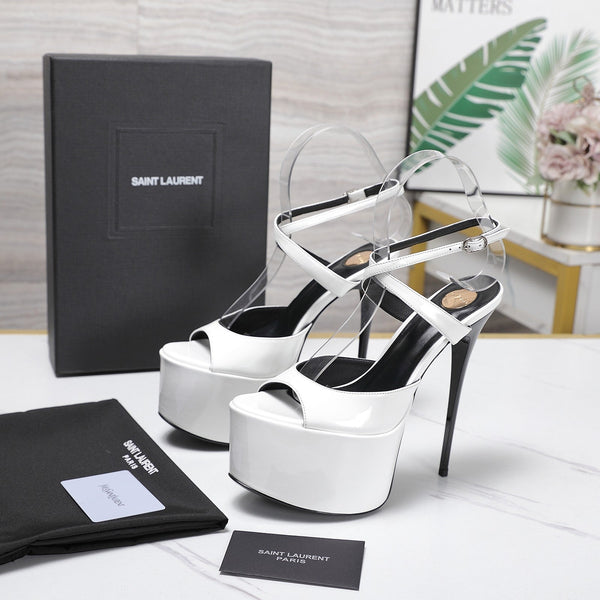 YSL Kika Platform Sandals Stiletto Heel White Patent Leather 961640