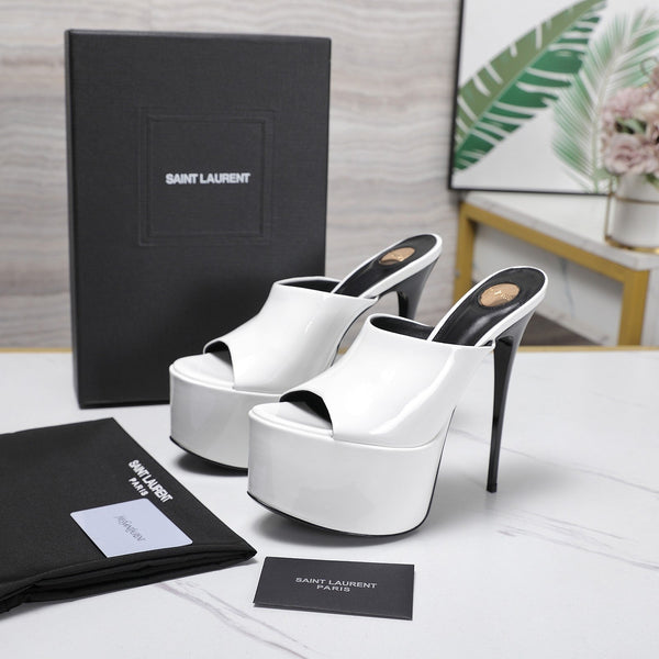YSL Platform Mules Stiletto Heel White Patent Leather 961634