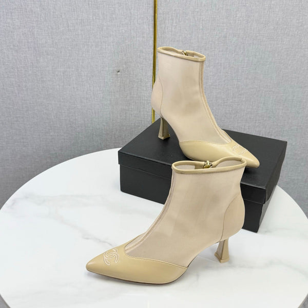 CC 26s Pointed-Toe Stiletto Ankle Boots Beige Sheepskin Mesh 972791