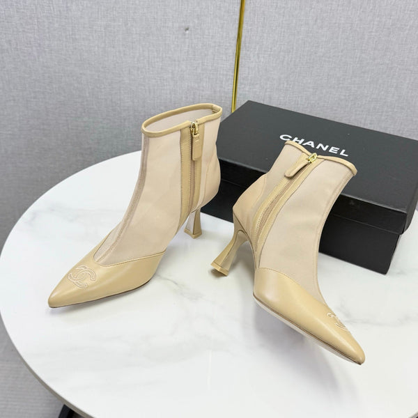 CC 26s Pointed-Toe Stiletto Ankle Boots Beige Sheepskin Mesh 972791