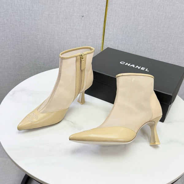 CC 26s Pointed-Toe Stiletto Ankle Boots Beige Sheepskin Mesh 972791