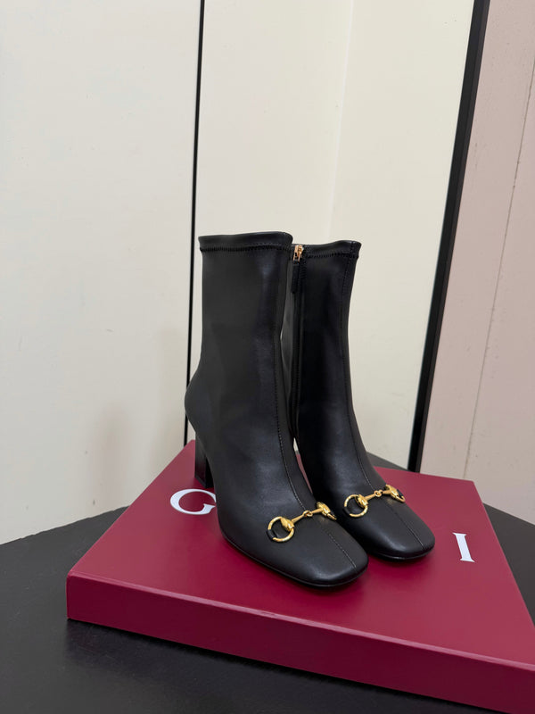 GG Signora Horsebit Ankle Boots 8.5CM Black Leather 984468