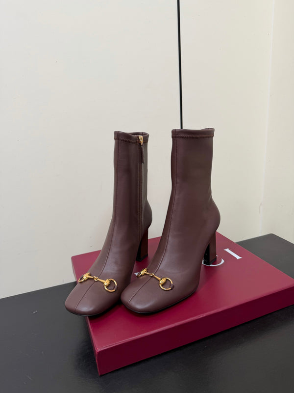 GG Signora Horsebit Ankle Boots 8.5CM Dark Chocolate Leather 984467