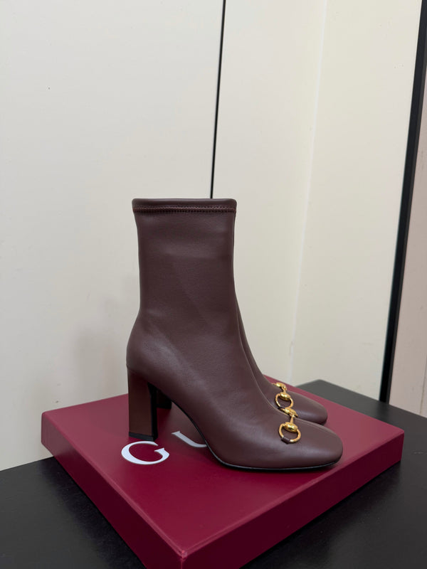 GG Signora Horsebit Ankle Boots 8.5CM Dark Chocolate Leather 984467