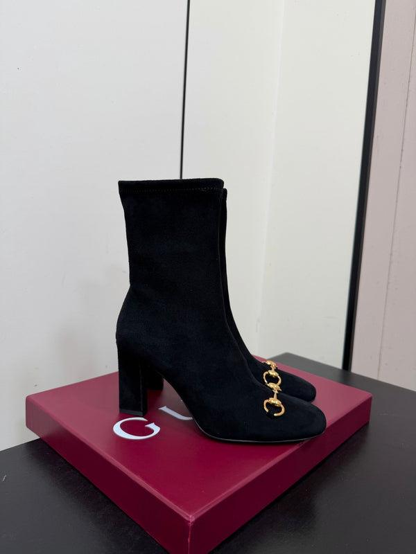 GG Signora Horsebit Ankle Boots 8.5CM Black Suede 984466