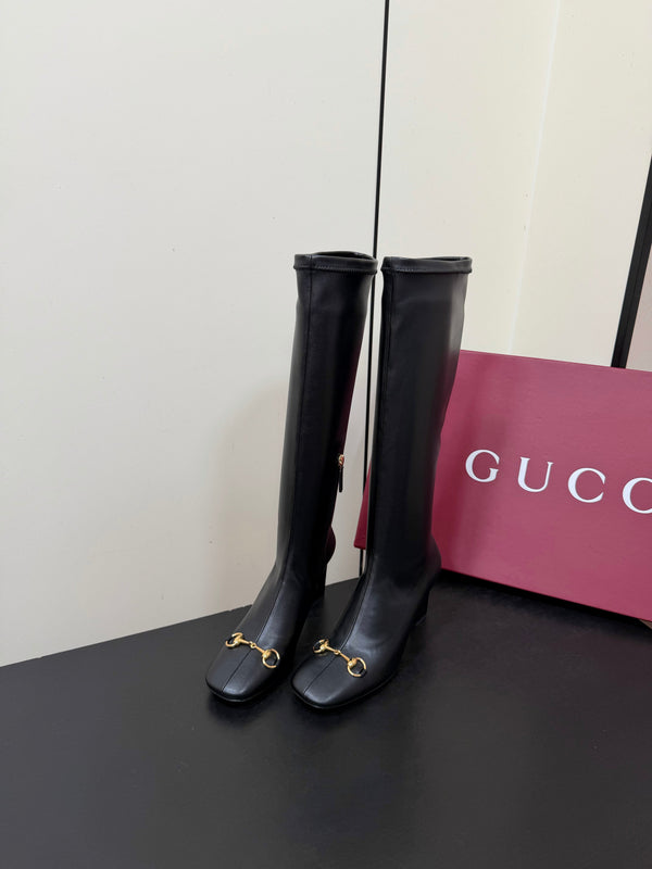 GG Signora Horsebit Knee-High Boots 8.5CM Black Leather 984465