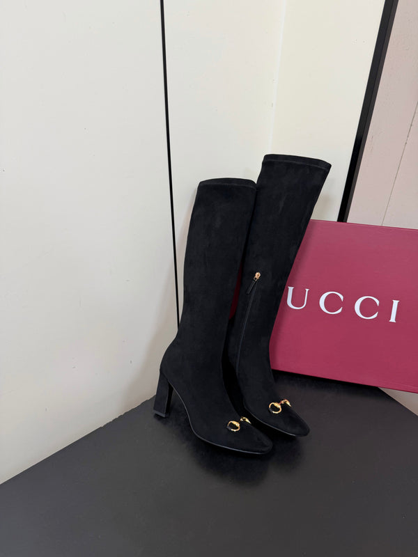 GG Signora Horsebit Knee-High Boots 8.5CM Black Suede 984464