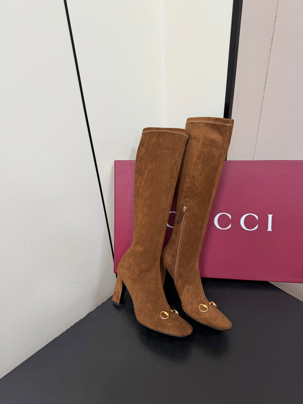 GG Signora Horsebit Knee-High Boots 8.5CM Brown Suede 984463