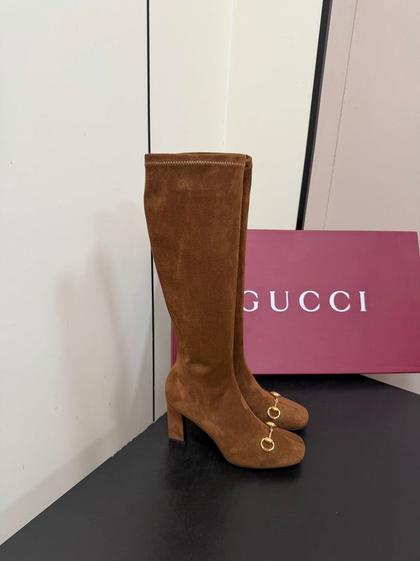 GG Signora Horsebit Knee-High Boots 8.5CM Brown Suede 984463
