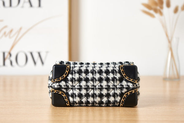 CC Flap Bag 20CM Houndstooth Tweed Black White Gold Hardware