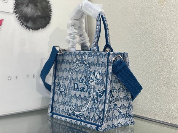 CD Book Tote With Strap Toile de Jouy Floral Garden Embroidery Blue Canvas 164670