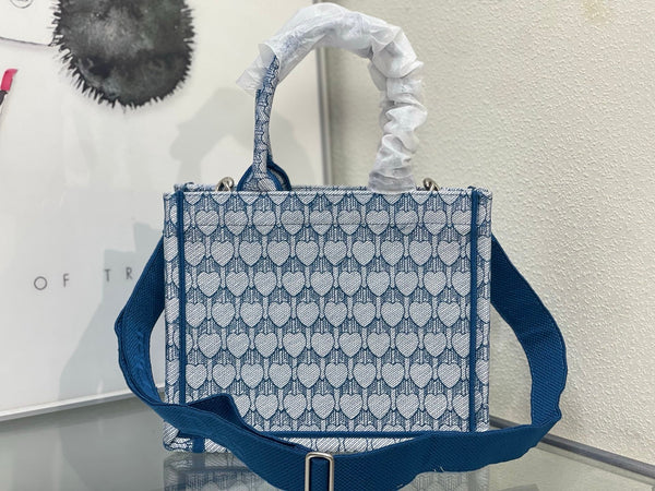 CD Book Tote With Strap Toile de Jouy Floral Garden Embroidery Blue Canvas 164670