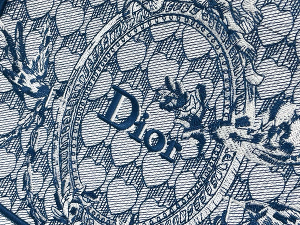 CD Book Tote With Strap Toile de Jouy Floral Garden Embroidery Blue Canvas 164670