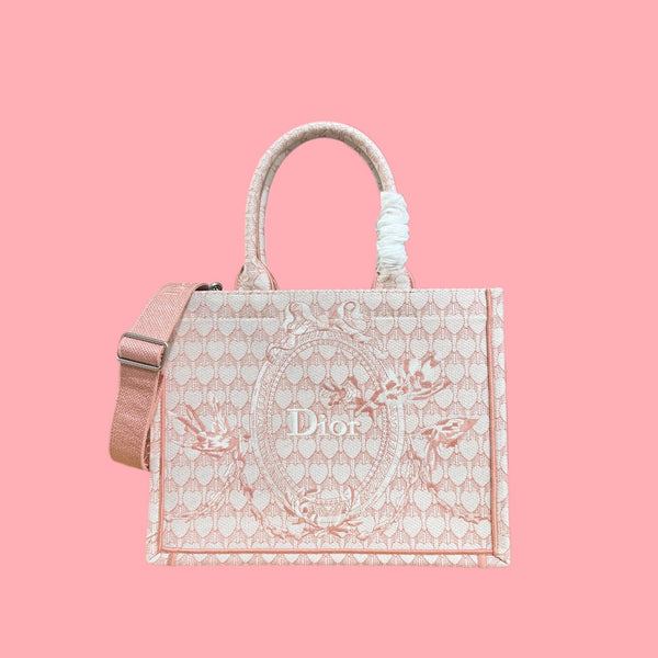 CD Book Tote With Strap Toile de Jouy Floral Garden Embroidery Pink Canvas 164666