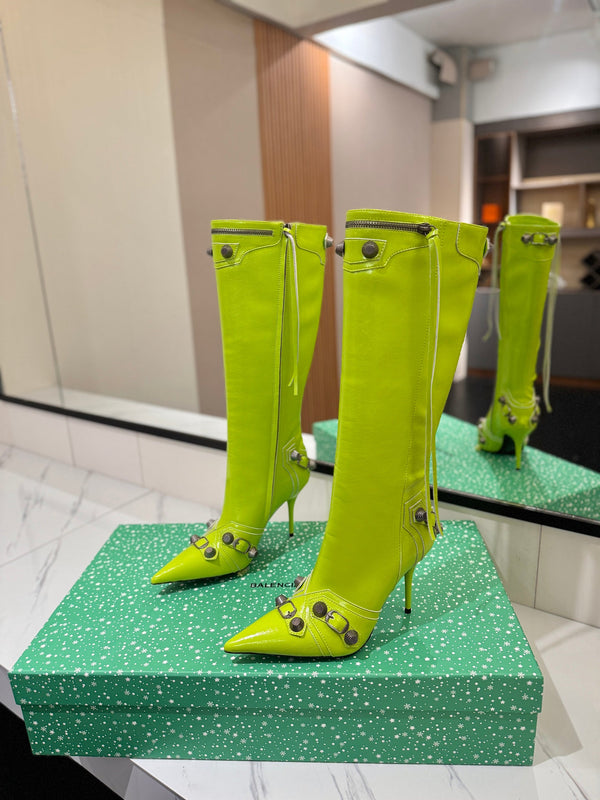 BLC Cagole Knee-High Boots 9.5cm Neon Green Leather 985499