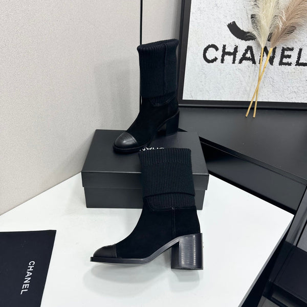CC Mid-Calf Sock Boots Black Suede Stretch Knit 985658