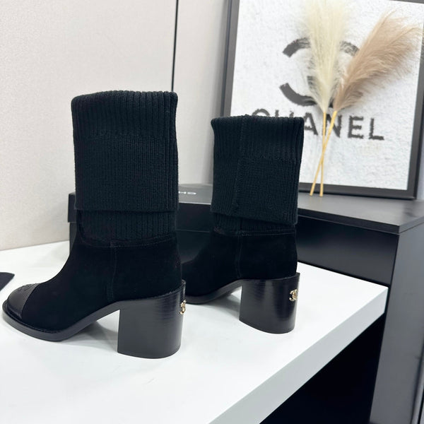 CC Mid-Calf Sock Boots Black Suede Stretch Knit 985658