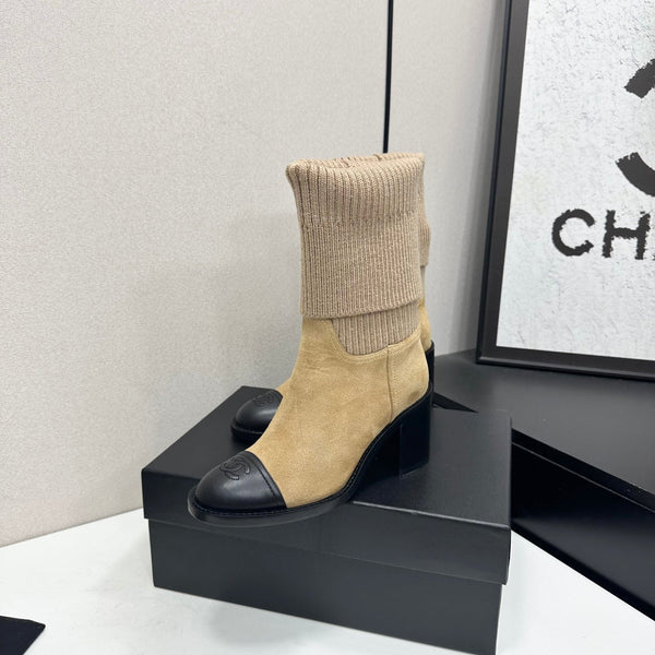 CC Mid-Calf Sock Boots Black Beige Suede Stretch Knit 985657