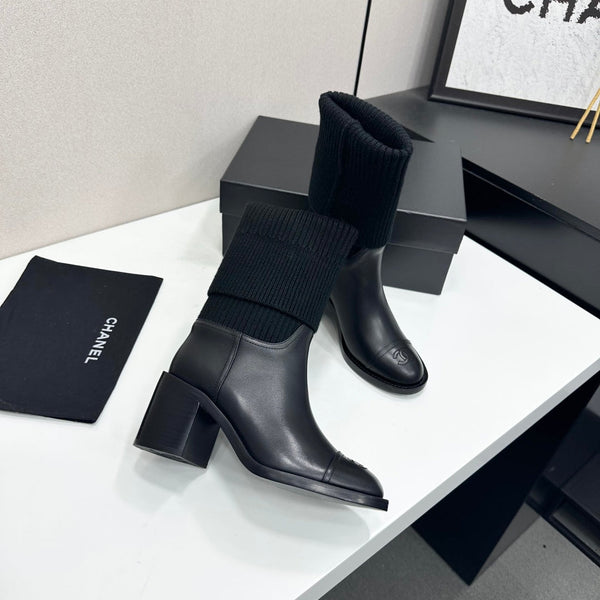 CC Mid-Calf Sock Boots Black Leather Stretch Knit 985656