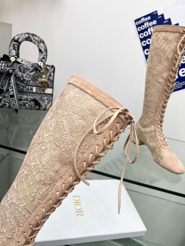 CD Lace Knee-High Boots 3.5Cm Beige Lace Suede 981810