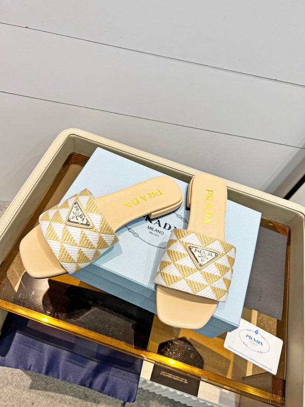 Prad 26s Enameled Metal Triangle Printed Slides White Beige Leather Cotton 986590
