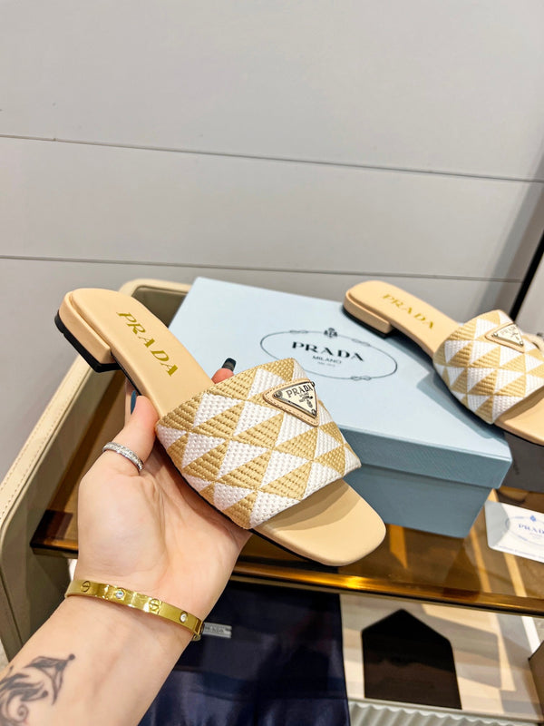 Prad 26s Enameled Metal Triangle Printed Slides White Beige Leather Cotton 986590