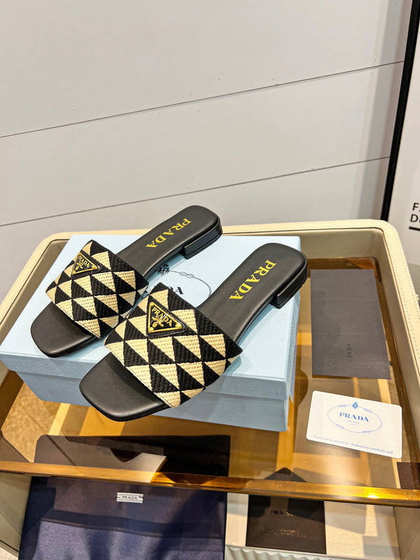 Prad 26s Enameled Metal Triangle Printed Slides Black Beige Leather Cotton 986591