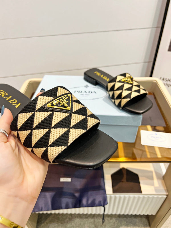 Prad 26s Enameled Metal Triangle Printed Slides Black Beige Leather Cotton 986591