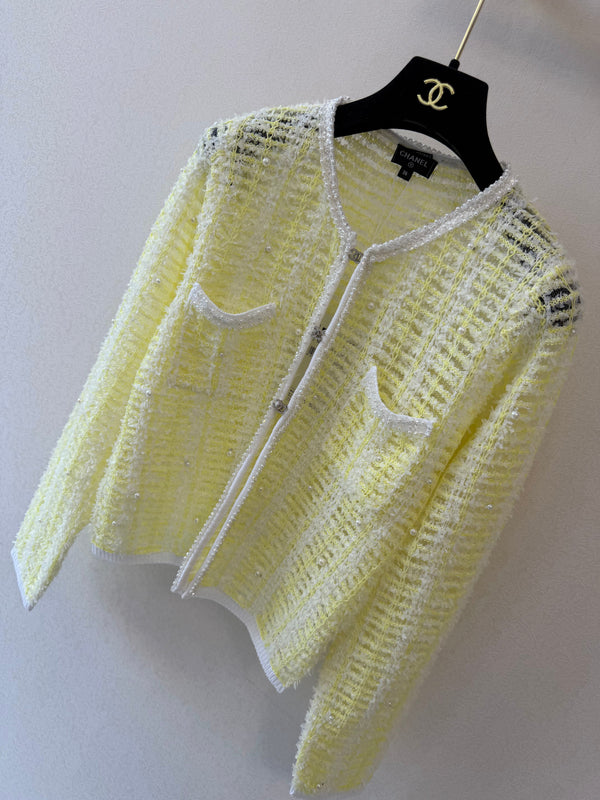 CCTweed-Style Knit Cardigan Yellow White Cotton 425583