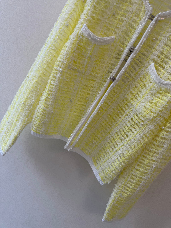 CCTweed-Style Knit Cardigan Yellow White Cotton 425583