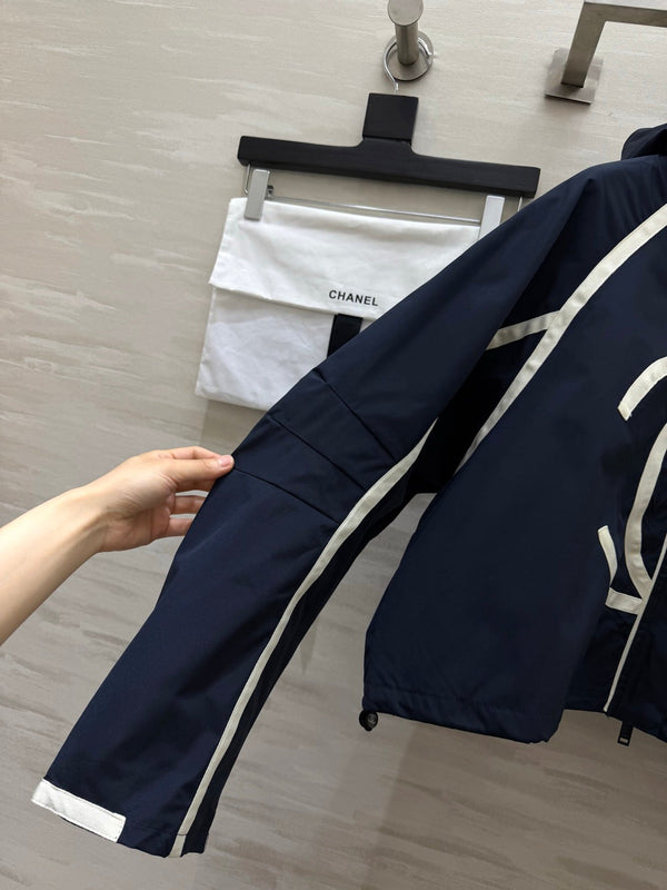 CC Cropped Hooded Jacket Navy Blue Windproof Fabric 427430