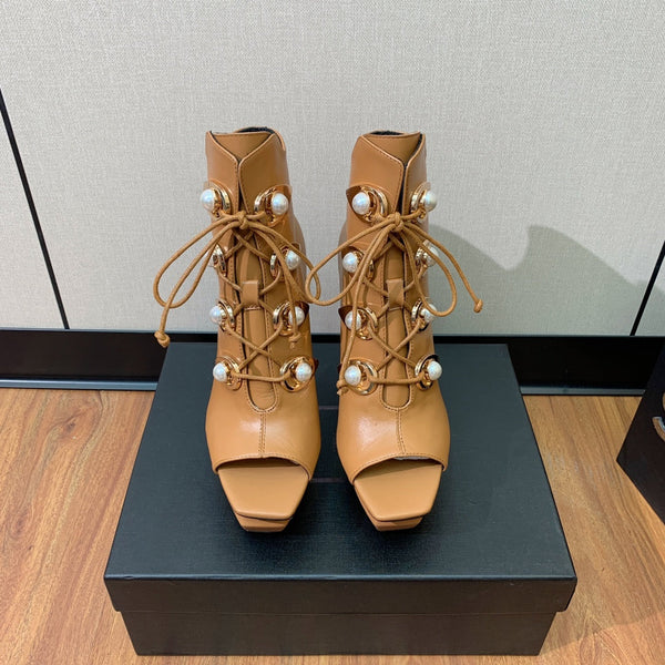 BM 26S Lace-Up Platform Booties 11.5cm Tan Leather 111370