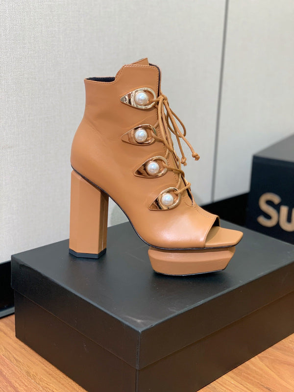 BM 26S Lace-Up Platform Booties 11.5cm Tan Leather 111370