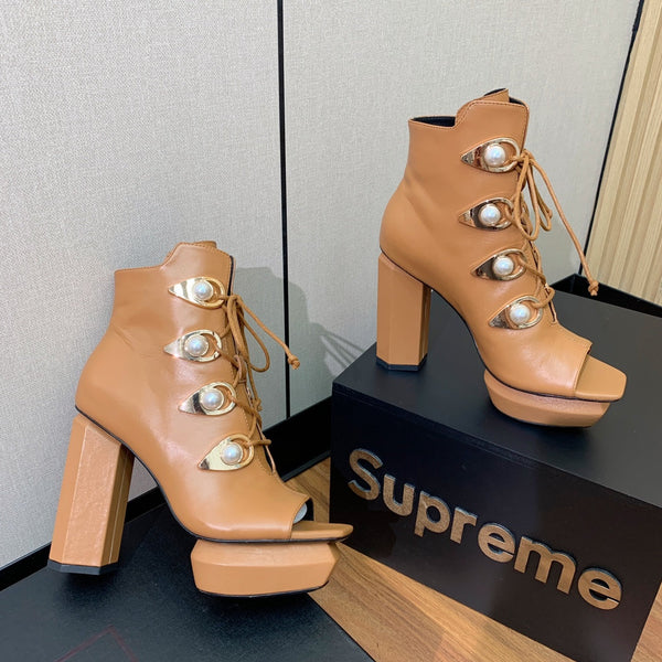 BM 26S Lace-Up Platform Booties 11.5cm Tan Leather 111370