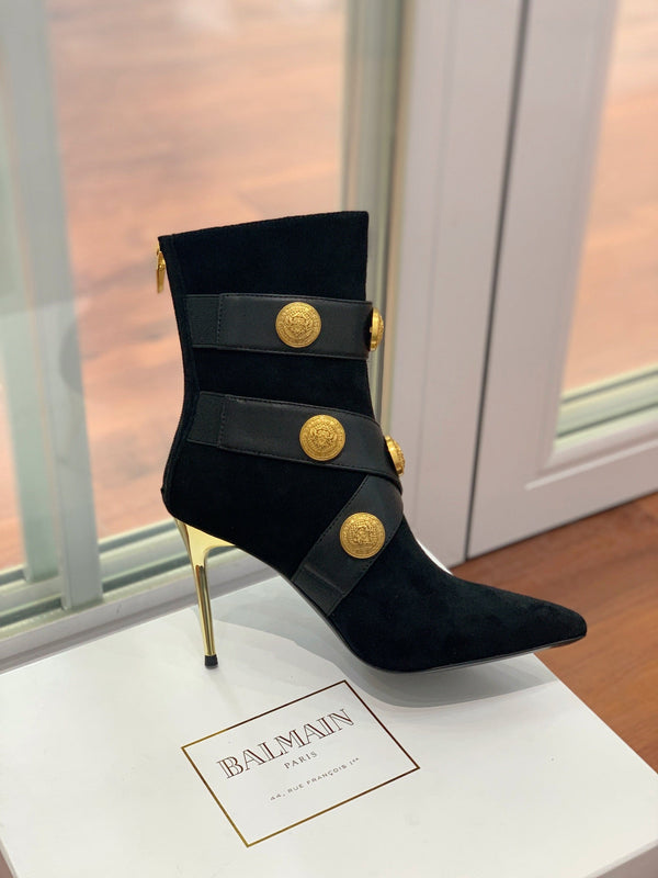BM 26S Alma Ankle Boots 9.5cm Medallion Buttons Black Suede Leather 111359