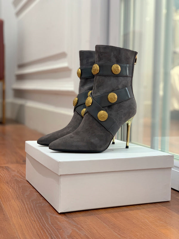 BM 26S Alma Ankle Boots 9.5cm Medallion Buttons Dark Grey Suede Leather 111358