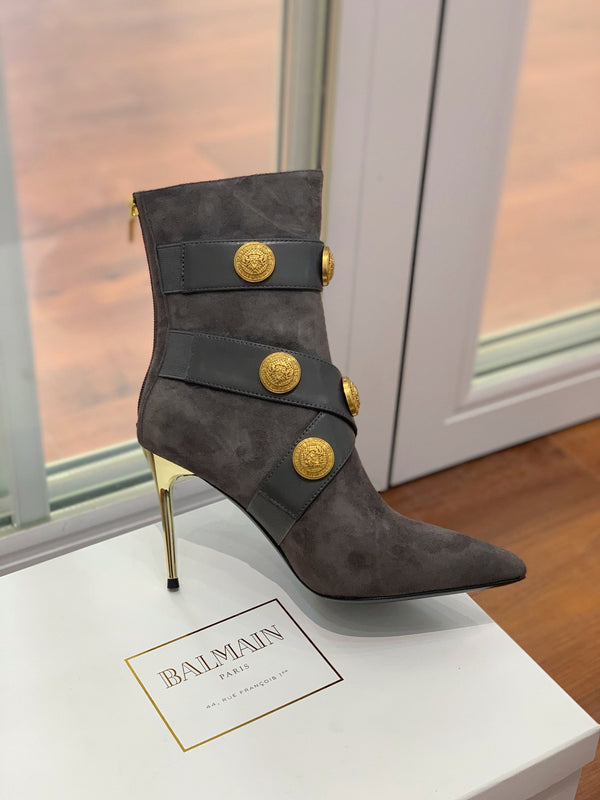 BM 26S Alma Ankle Boots 9.5cm Medallion Buttons Dark Grey Suede Leather 111358