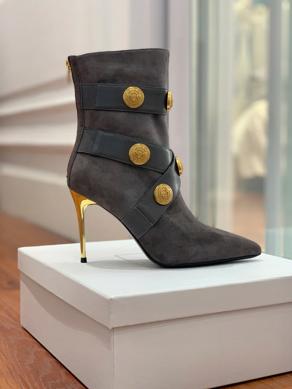 BM 26S Alma Ankle Boots 9.5cm Medallion Buttons Dark Grey Suede Leather 111358