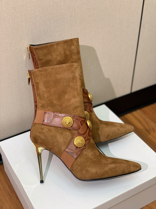 BM 26S Pointed-Toe Boots 10.5cm Gold Logo Buttons Tan Suede & Embossed Leather 111355