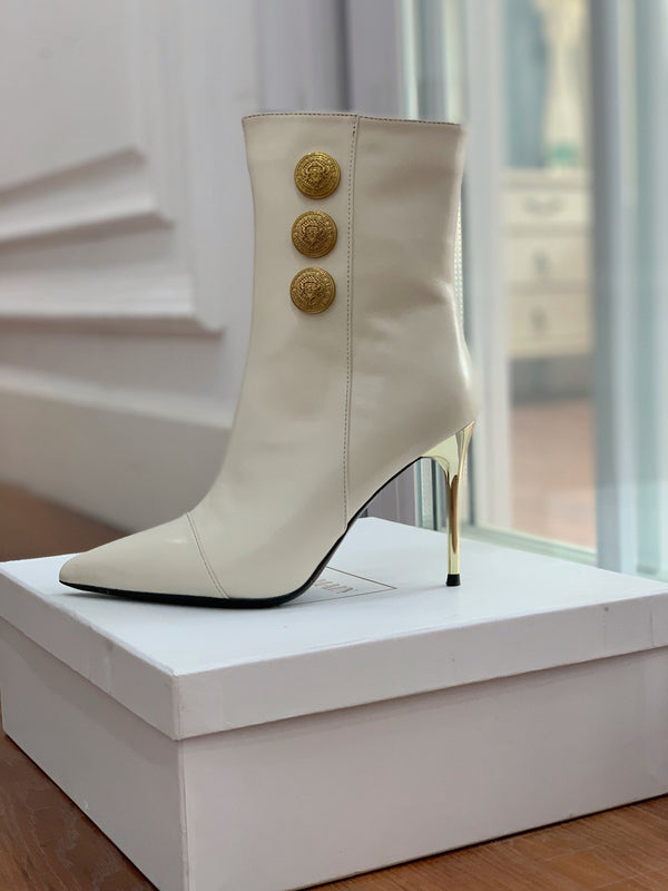 BM 26S Roni Ankle Boots 10.5cm Gold Buttons White Leather 111336