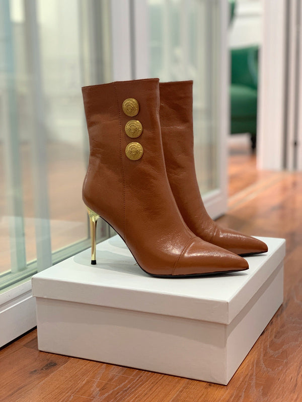 BM 26S Roni Ankle Boots 10.5cm Gold Buttons Brown Leather 111335
