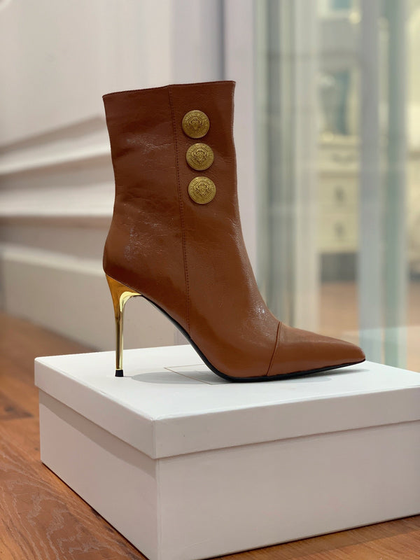 BM 26S Roni Ankle Boots 10.5cm Gold Buttons Brown Leather 111335