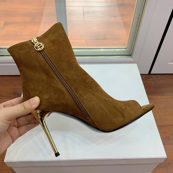 BM 26S Open-Toe Ankle Boots 9.5cm Gold Buttons Stiletto Brown Suede 111323